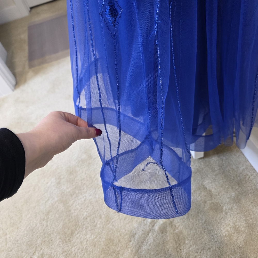 Serene Hill Beaded Elegant Blue Cape Sleeve Evening Gown - Size US 12 Large - Picture 17 of 17
